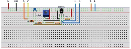 Figure 2. Common emitter amplifier test configuration breadboard connection.