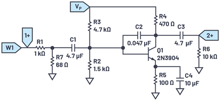 Figure 5. A common emitter amplifier breadboard schematic.