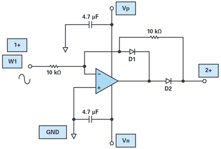 Figure 24. Connection diagram for a precision half-wave rectifier.