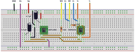 Figure 3. Breadboard connection of current mirror test circuit (with op amp).