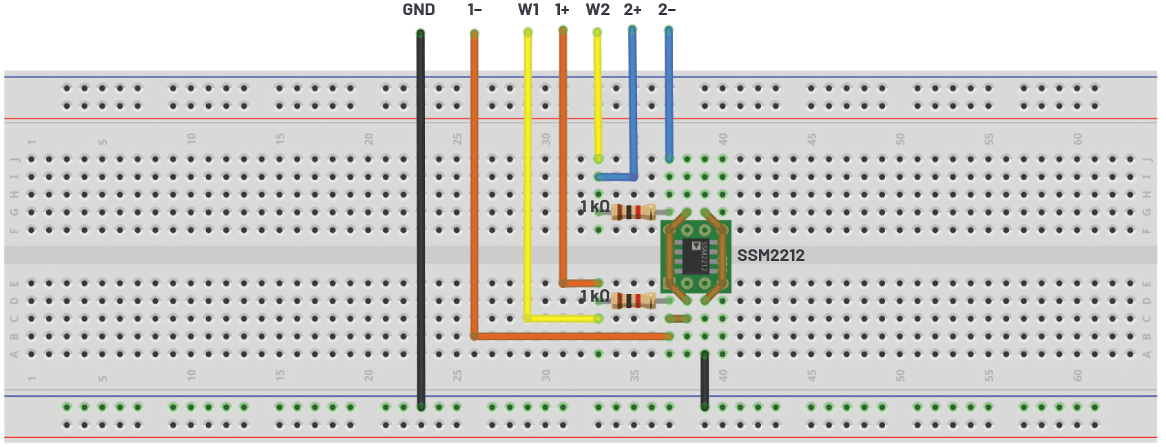 図4. 図2の回路（オペアンプなし）を実装したブレッドボード