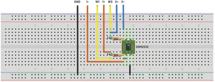 Figure 4. Breadboard connection of simple current mirror test circuit.