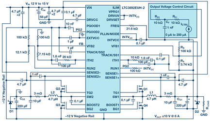 Figure 1. Electrical schematic of the two-terminal, bipolar, adjustable power supply. 