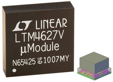 Figure 3. LTM4627 (15 mm à 15 mm à 4.92 mm) vs. its new, smaller equivalent, the LTM4638 (6.25 mm à 6.25 mm à 5.02 mm). Figure 3. LTM4627 (15 mm à 15 mm à 4.92 mm) vs. its new, smaller equivalent, the LTM4638 (6.25 mm à 6.25 mm à 5.02 mm).