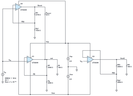 Figure 12. Boosted vs. standalone amplifier simulation setup.