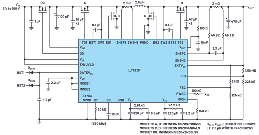 Figure 5. This 3 V to 100 V input buck-boost controller operates with 8 V to 17 V Pass-Thru outputs. Figure 5. This 3 V to 100 V input buck-boost controller operates with 8 V to 17 V Pass-Thru outputs.