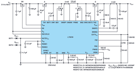 Figure 5. This 3 V to 100 V input buck-boost controller operates with 8 V to 17 V Pass-Thru outputs. 