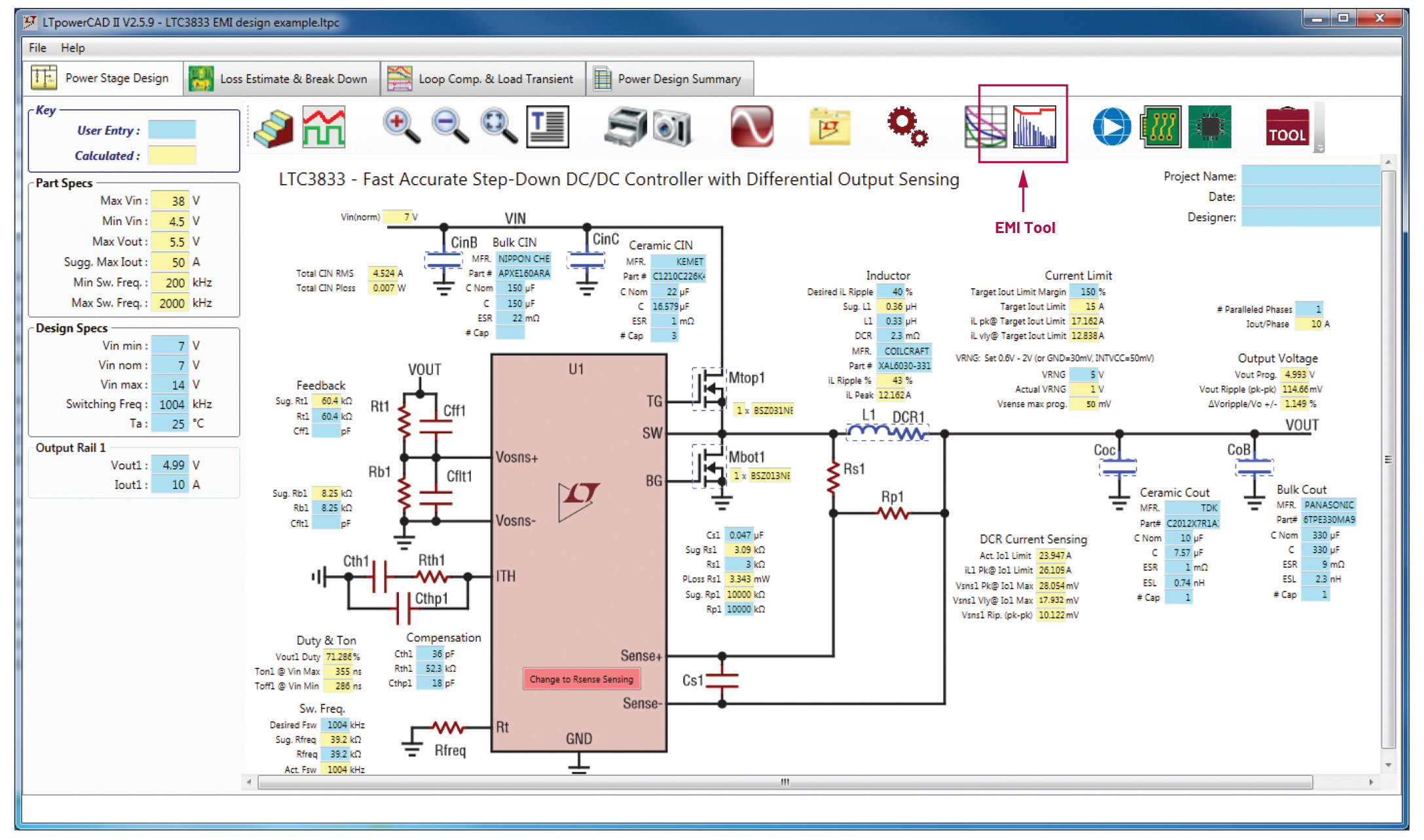図5. LTpowerCADの回路設計用ページ。右上に「EMI tool」アイコンが表示されています。