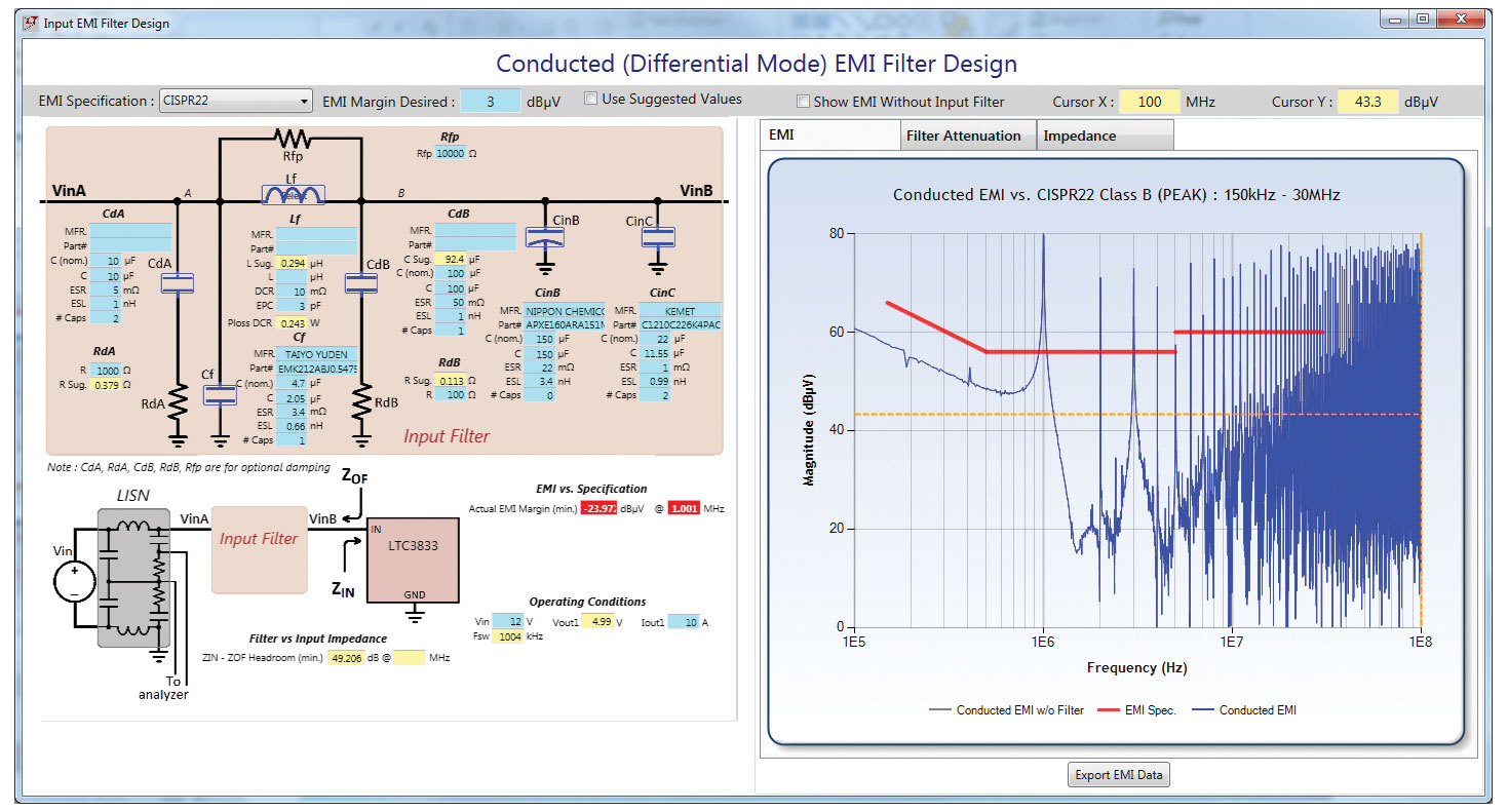 図6. EMIフィルタの設計用ウィンドウ。DMの伝導性EMIを減衰させるためのフィルタの設計に使用します。この図は、Lfの値がゼロで、フィルタが構成されていない状態に対応しています。
