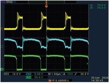 図4.ゲート1、ゲート2の電圧とMOSFETのドレイン電圧(V<sub>IN</sub> = 60V) Figure 4. Gate 1 and Gate 2 voltage and MOSFET drain voltage (V<sub>IN</sub> = 60 V).