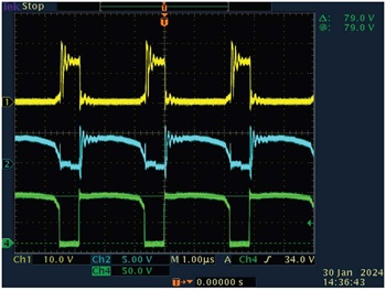 図4.ゲート1、ゲート2の電圧とMOSFETのドレイン電圧(VIN = 60V) 図4.ゲート1、ゲート2の電圧とMOSFETのドレイン電圧(VIN = 60V)