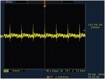 図10. 出力のピークtoピーク電圧(その2)。全負荷(1.5A)の場合の結果です。 Figure 10. Output peak-to-peak voltage with full load 1.5 A.
