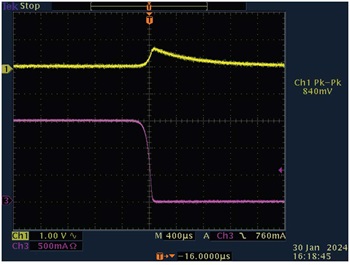 図12. 負荷過渡応答(その2)。全負荷(1.5A)から無負荷(0A)に変化させた場合の結果です。 図12. 負荷過渡応答(その2)。全負荷(1.5A)から無負荷(0A)に変化させた場合の結果です。