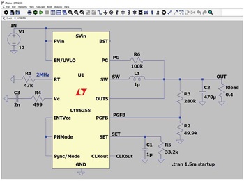 図3. LT8625Sを使用して構成した降圧レギュレータ。LTspiceによるシミュレーション用の回路図を示しています。LT8625Sは第3世代のSilent Switcher技術を適用した製品です。また、ユニティゲインのアーキテクチャを採用した制御ループも適用されています。